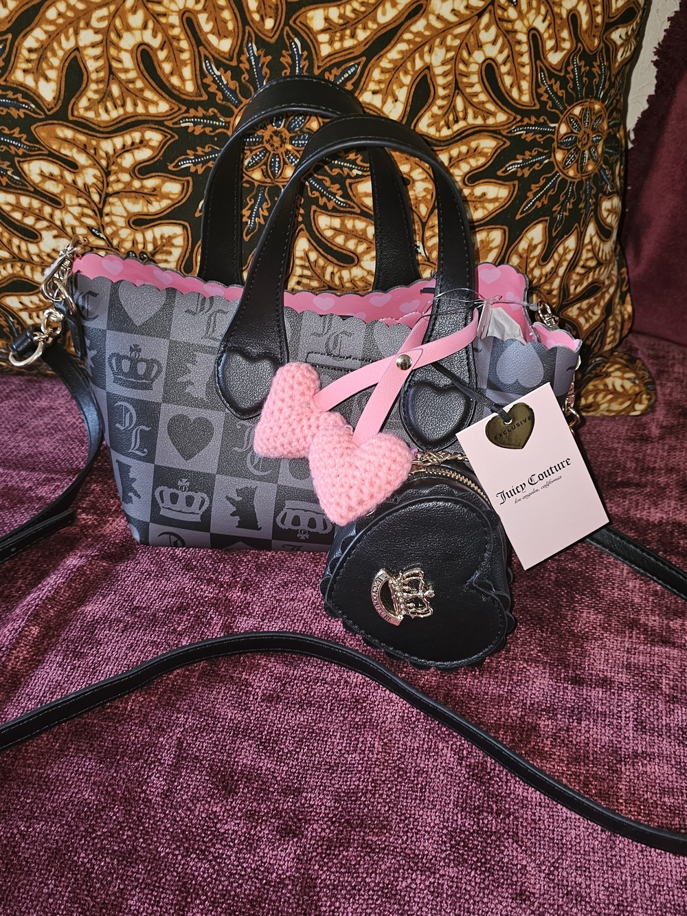 Juicy Couture Black Logo Crossbody with Pink Trim & Heart Charm
